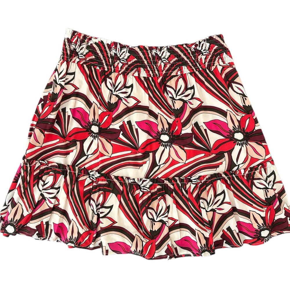 Anthropologie Floral Mini Skirt Small Boho Ruffle Skirt Pink Red Elastic Waist
